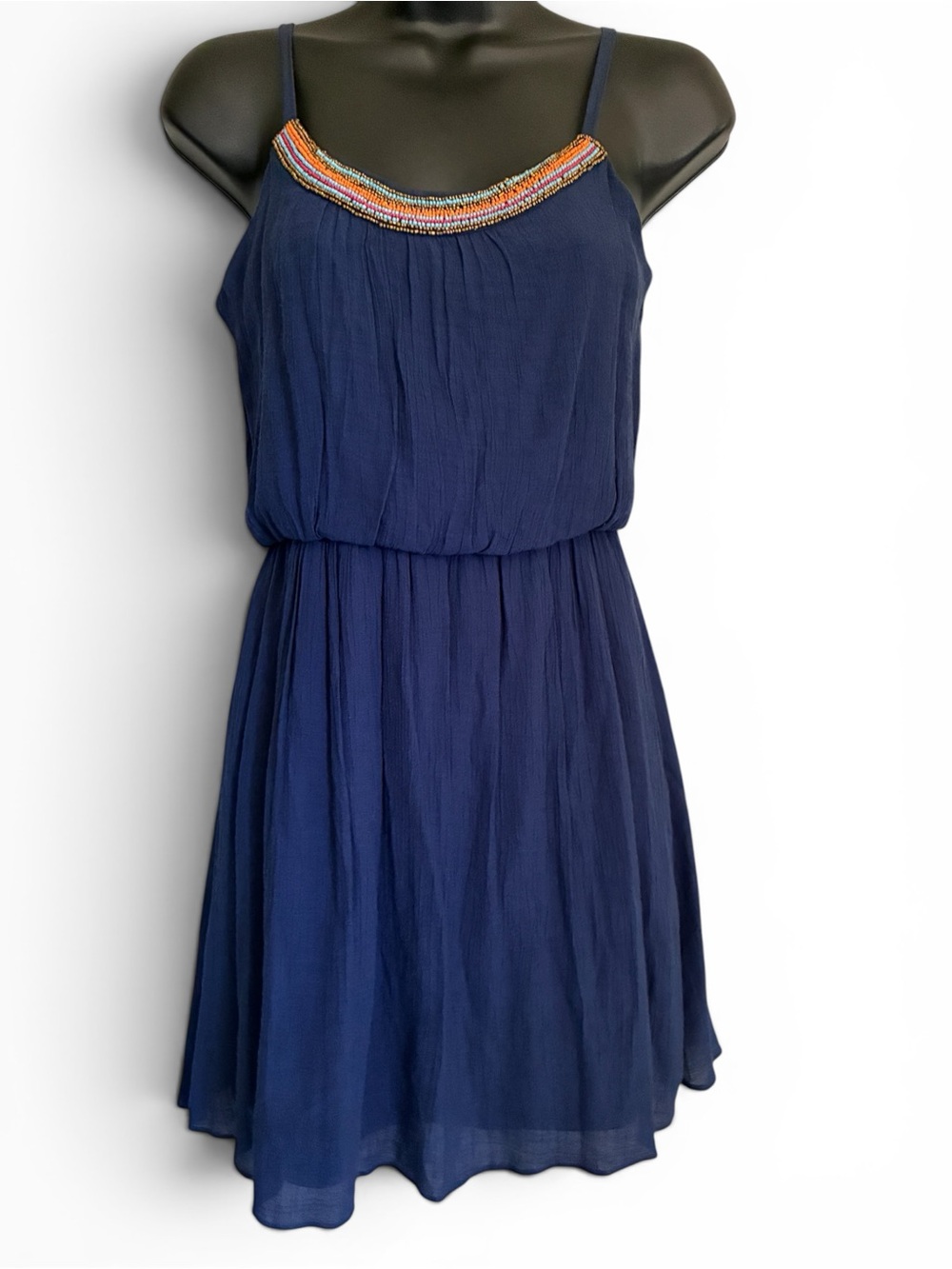 Y2K Style Indie Sleaze Boho Navy Beaded Neck Spaghetti Strap Dress Sz XS